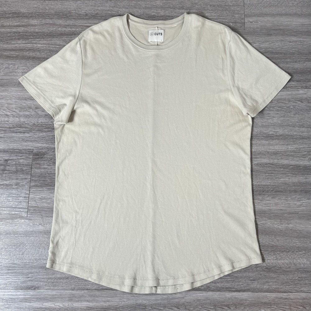 Cuts Shirt Mens Large Beige Curve Hem Crew Neck Tee Top Universal Fit Stretch